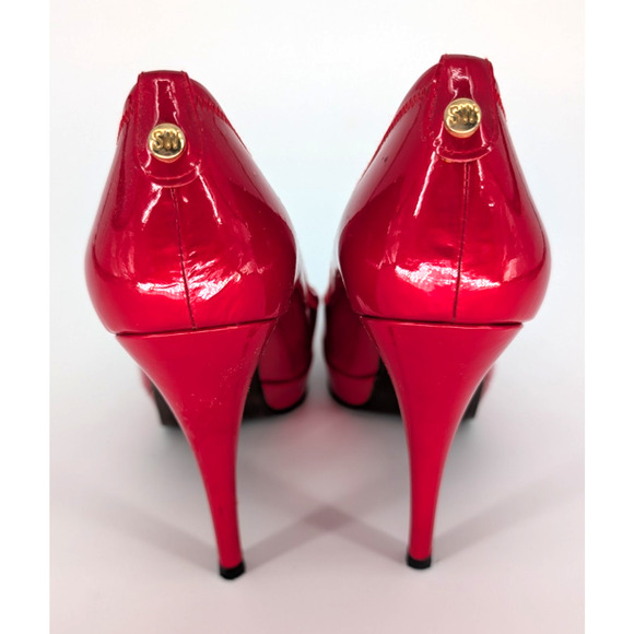 Stuart Weitzman Candy Apple Red Patent Leather Peep Toe Pumps 8M 4.5″ Heel Glam - Picture 7 of 11